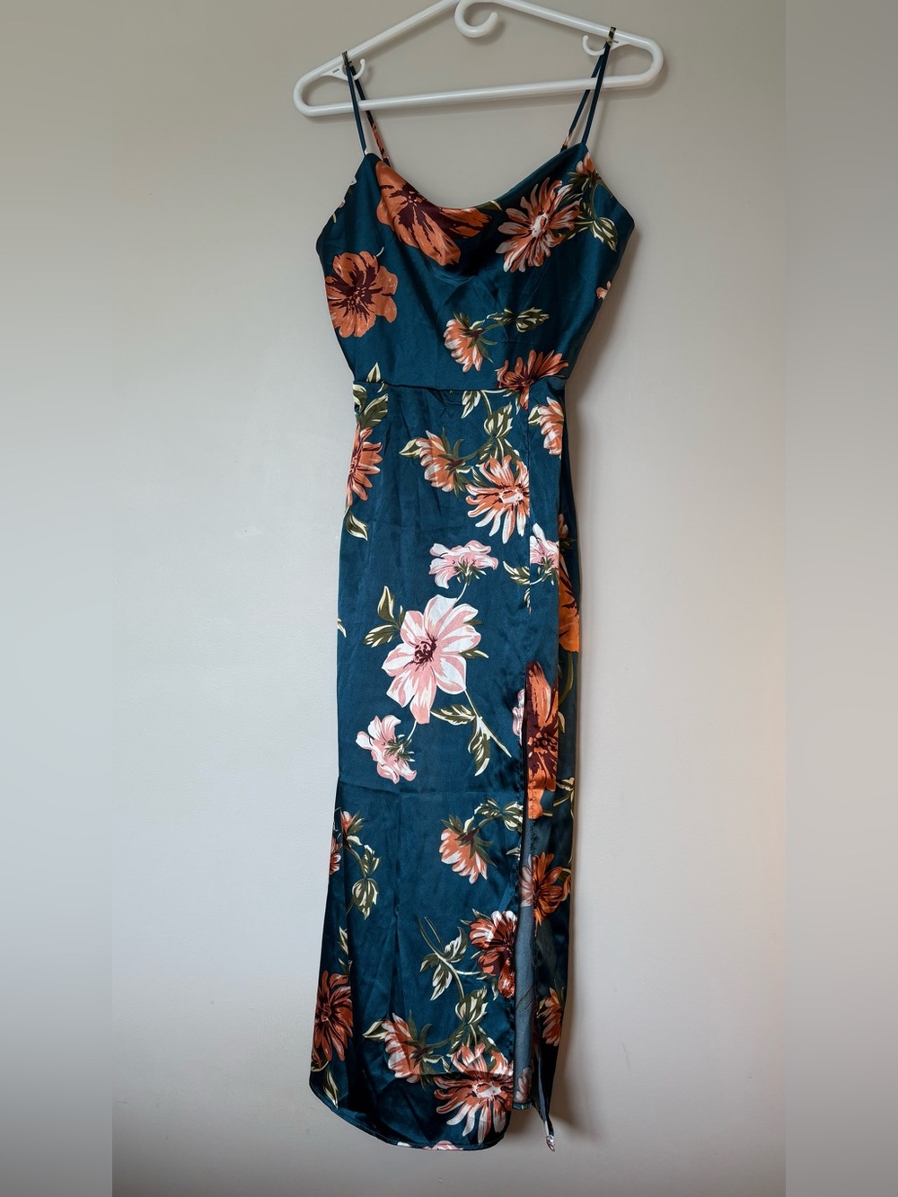 Teal Floral Slip Dress with Side Slit